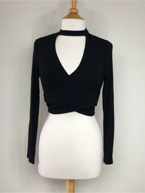 NWOT New Shelly Womens Black Faux Wrap Long Sleeve Stretch Balletcore Top Size M
